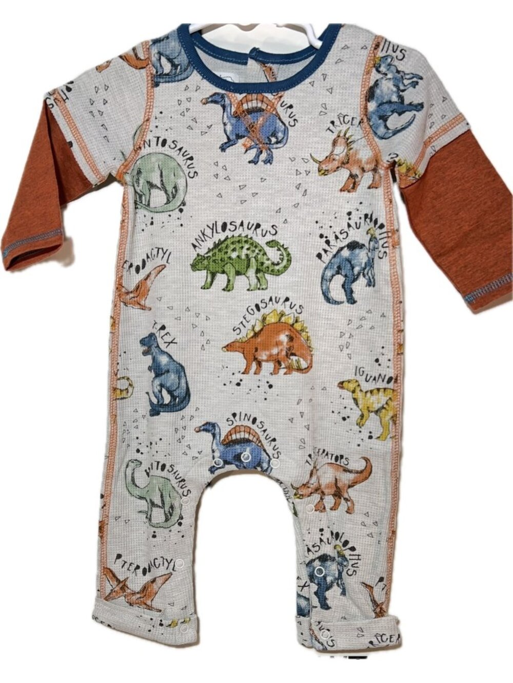 Mud Pie 3m 6m NWT dino dinosaur waffle knit Romper gray orange 1pc bodysuit